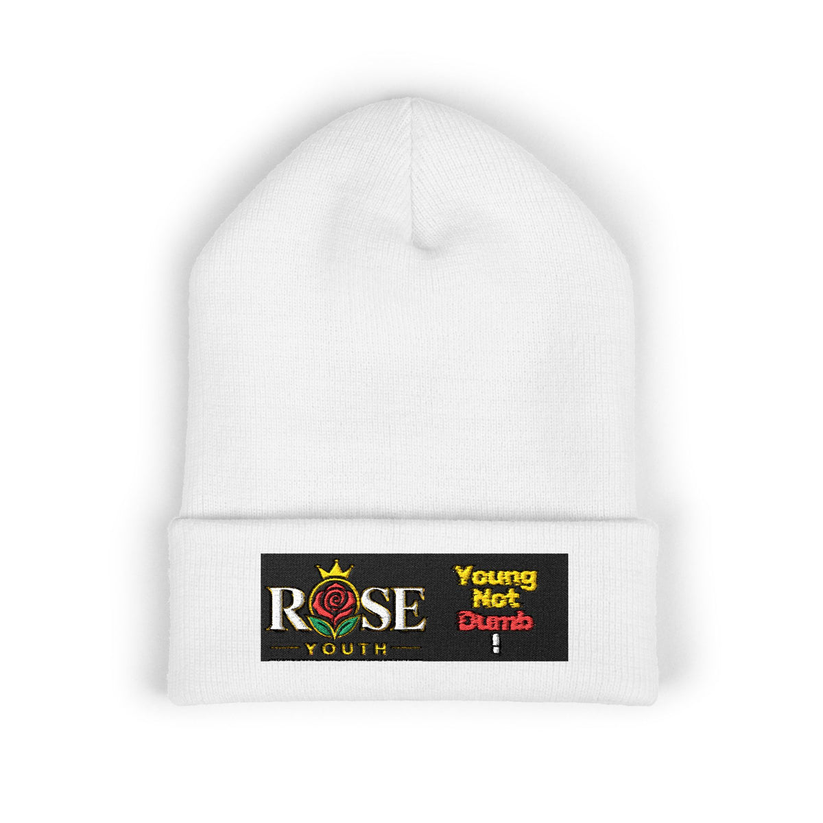 Embroidered 'ROSE Youth' Cuffed Beanie — 'Young Not Dumb' Streetwear Knit Hat