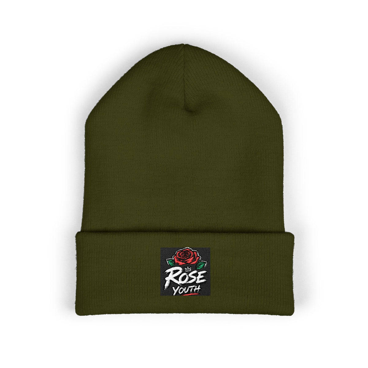 Embroidered 'Rose Youth' Cuffed Beanie – Vintage Patch Knit Hat