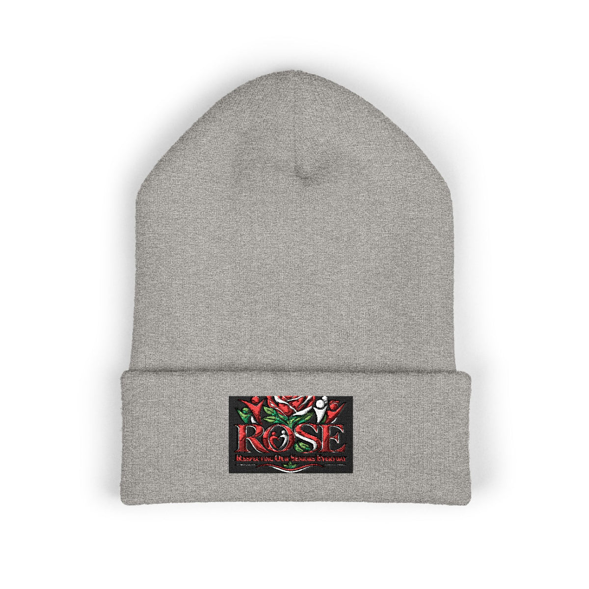 Rose Embroidered Cuffed Beanie — Floral Vintage Script Knit Hat