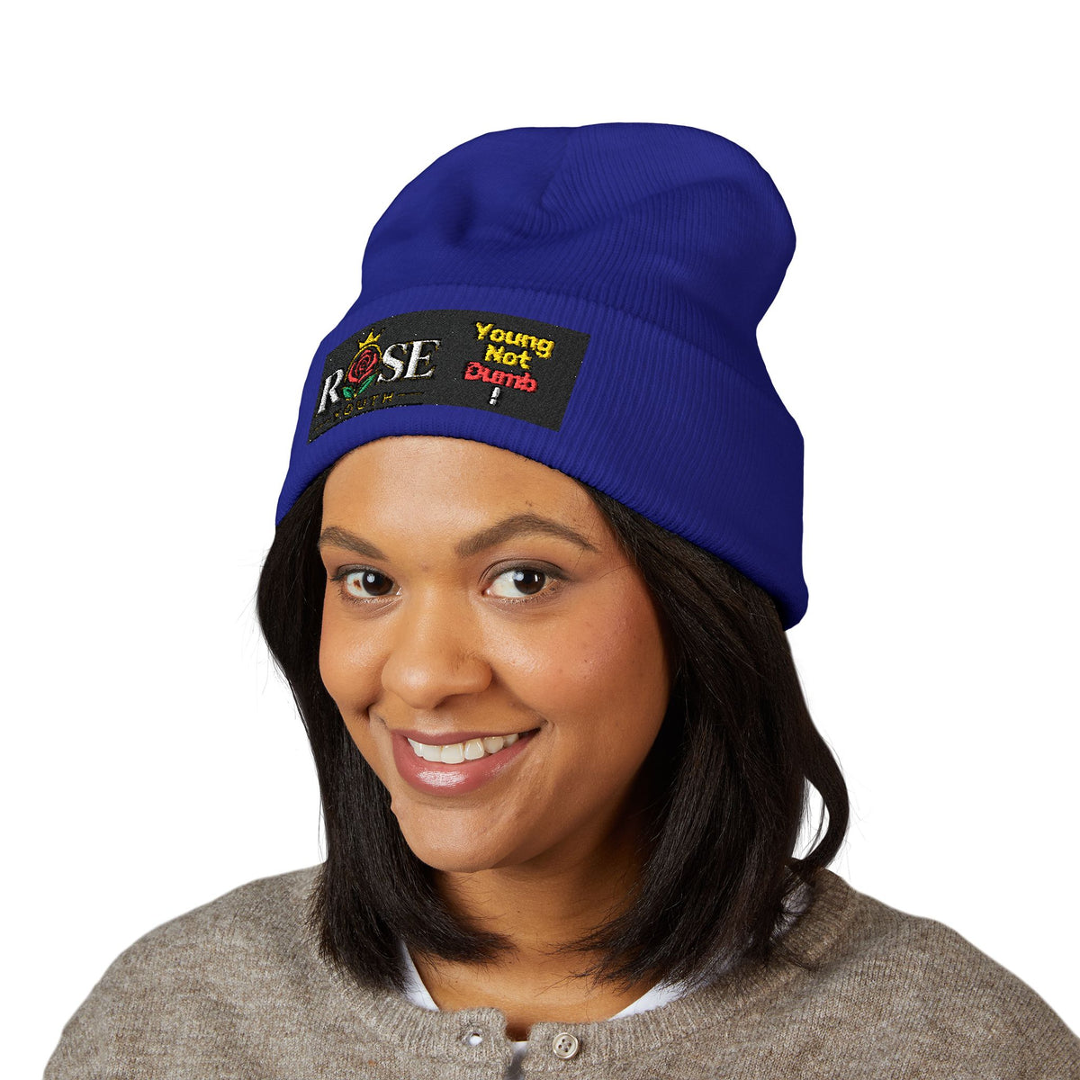 Embroidered 'ROSE Youth' Cuffed Beanie — 'Young Not Dumb' Streetwear Knit Hat