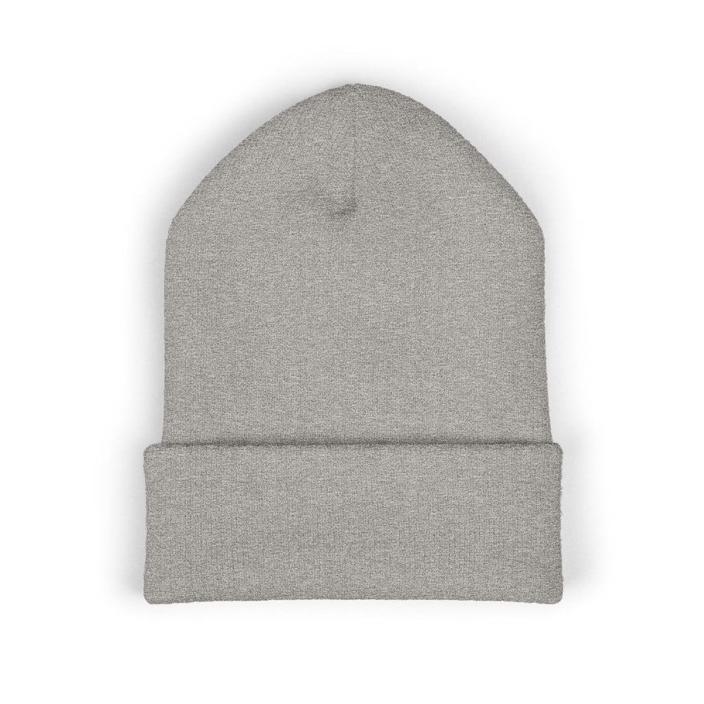 Rose Embroidered Cuffed Beanie — Floral Vintage Script Knit Hat
