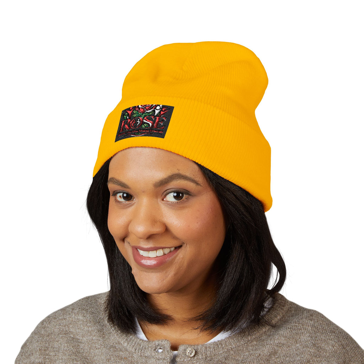Rose Embroidered Cuffed Beanie — Floral Vintage Script Knit Hat