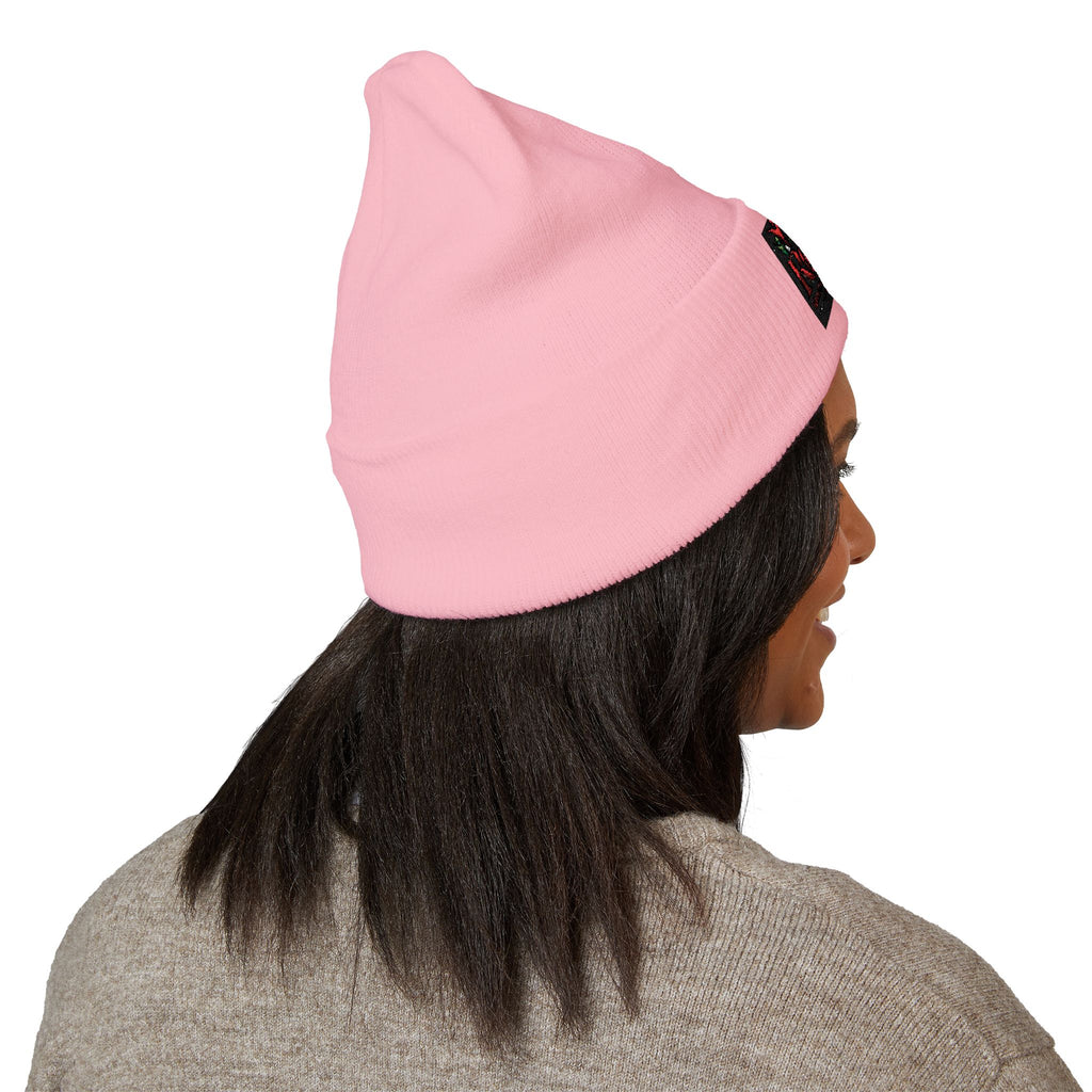 Rose Embroidered Cuffed Beanie — Floral Vintage Script Knit Hat