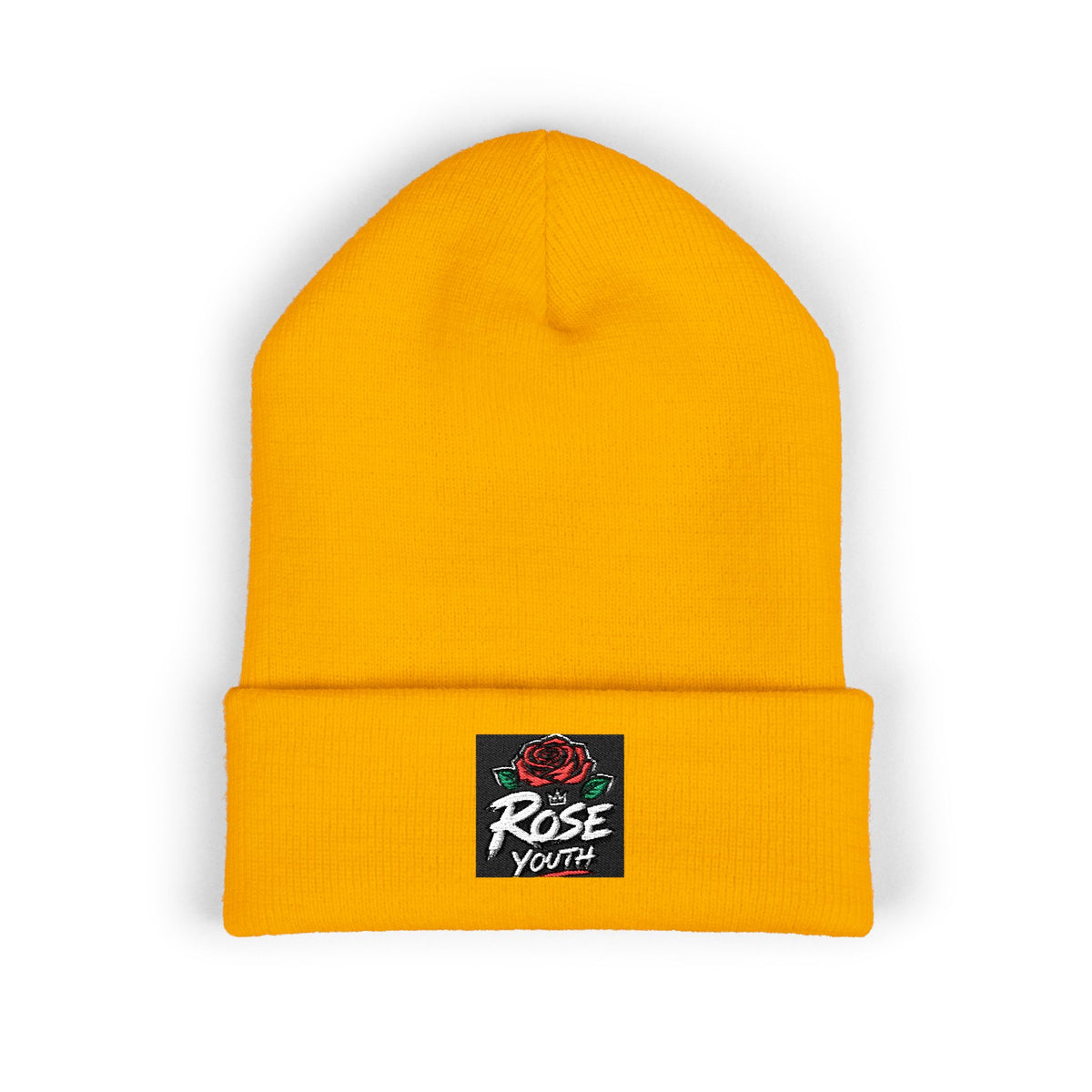 Embroidered 'Rose Youth' Cuffed Beanie – Vintage Patch Knit Hat