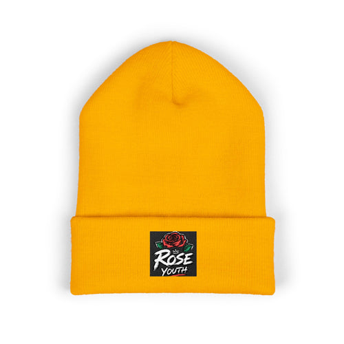 Embroidered 'Rose Youth' Cuffed Beanie – Vintage Patch Knit Hat