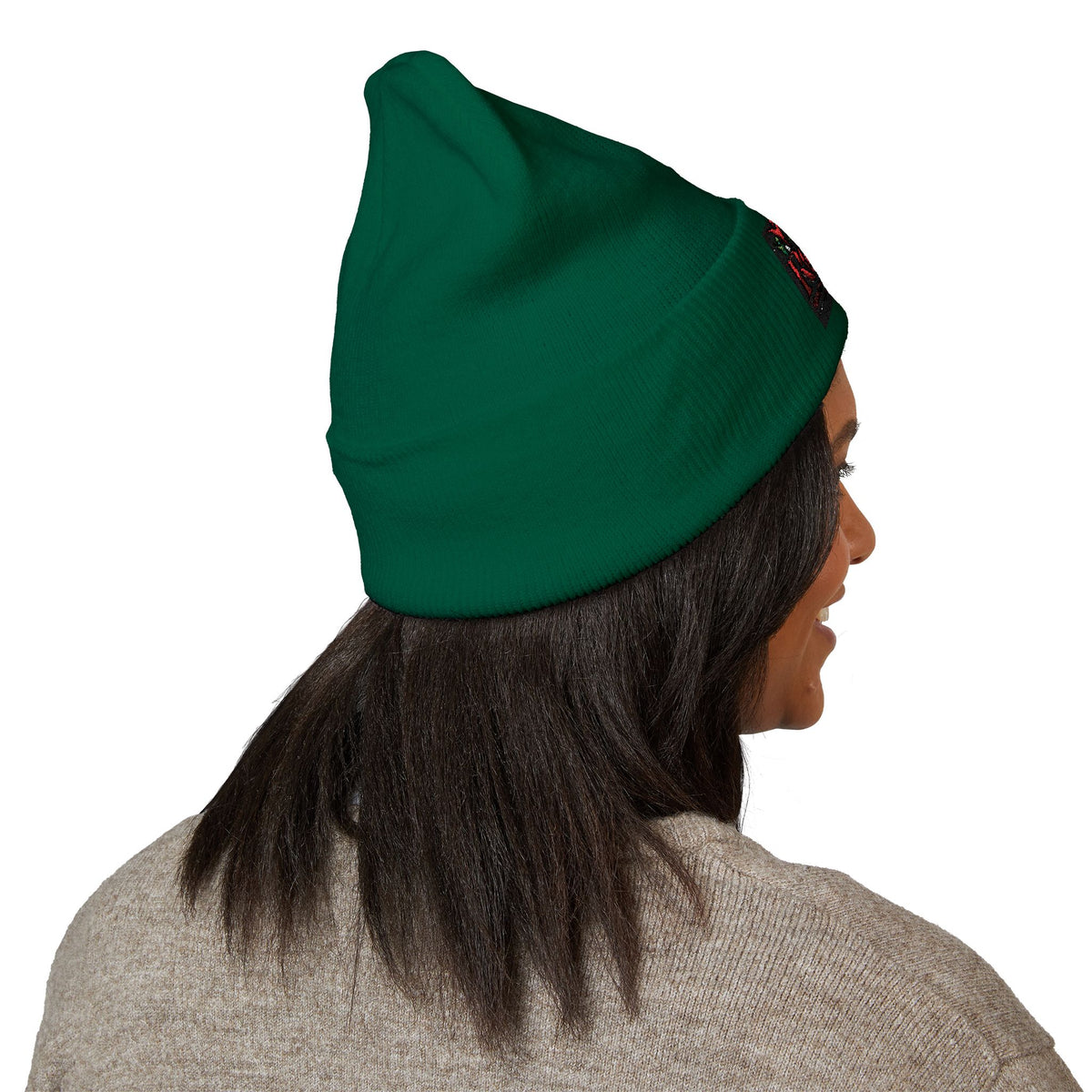 Rose Embroidered Cuffed Beanie — Floral Vintage Script Knit Hat
