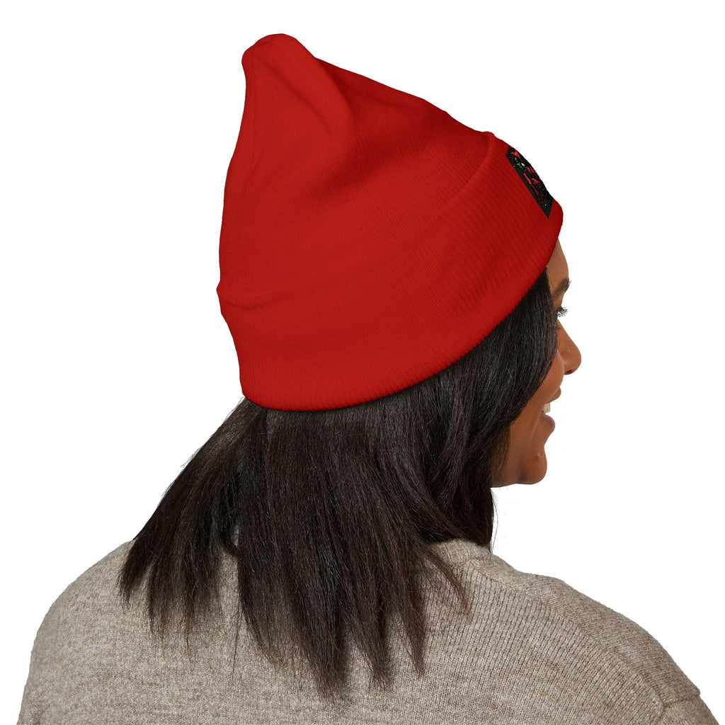Rose Embroidered Cuffed Beanie — Floral Vintage Script Knit Hat